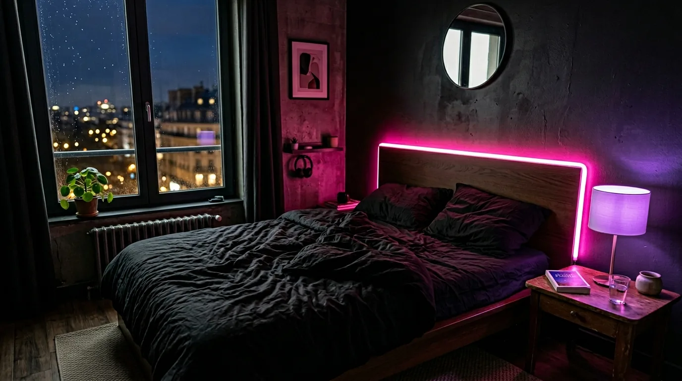 Chambre étudiante parisienne de Sophie pour le branle au tel — éclairage néon rose et violet, ambiance dark