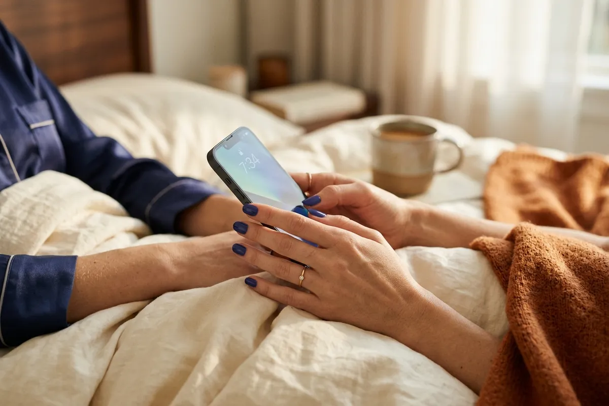 Femme souriante au téléphone, conversation intime le soir